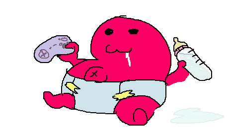 A pink baby creature in a diaper. It's holding an snes controller in one hand and a milk bottle in the other.