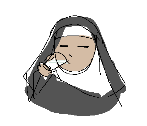 A simple drawing of a nun sipping on a glass of milk.